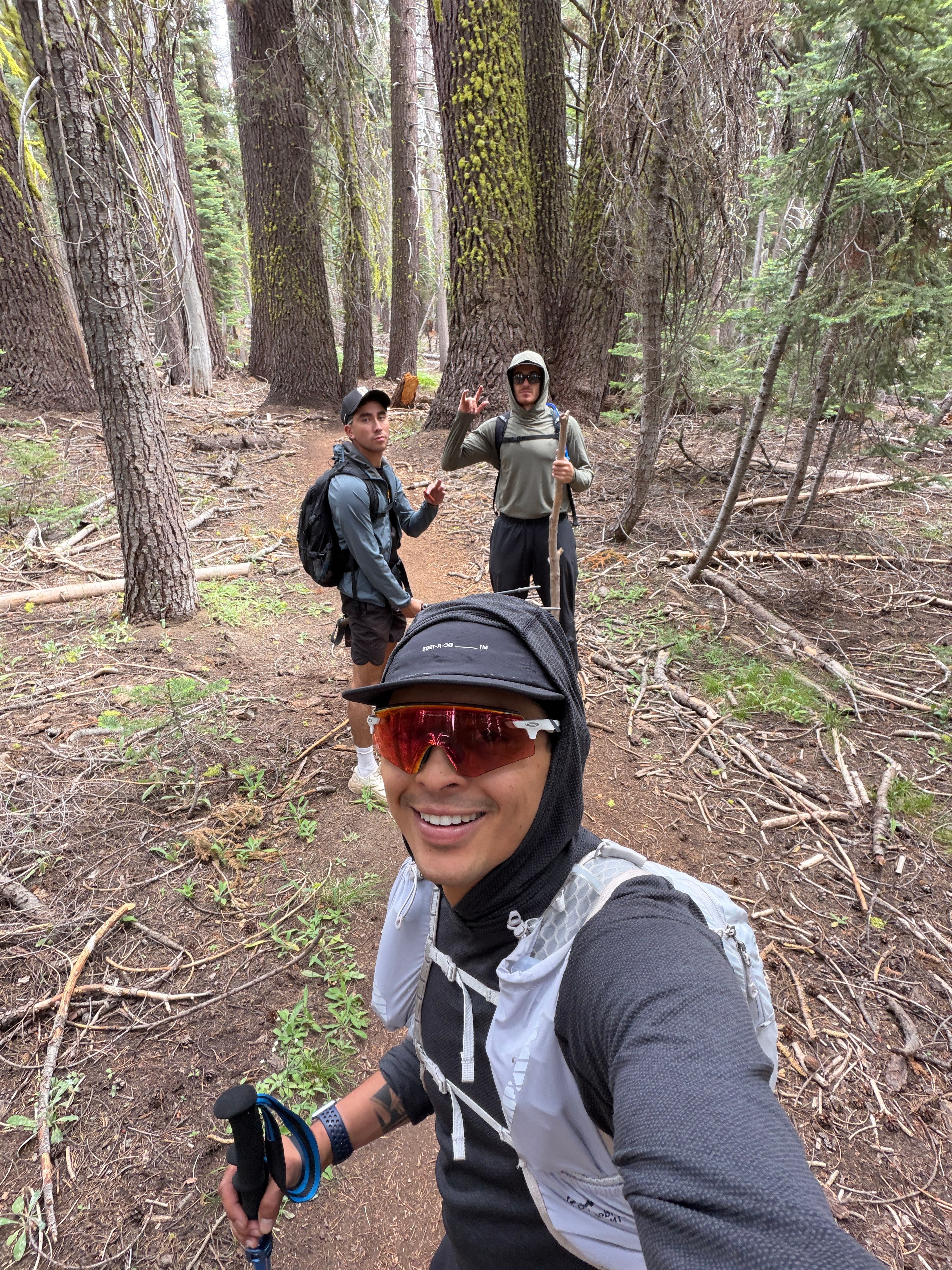 Tom, Ayo, and Diego hiking together in Yosemite.