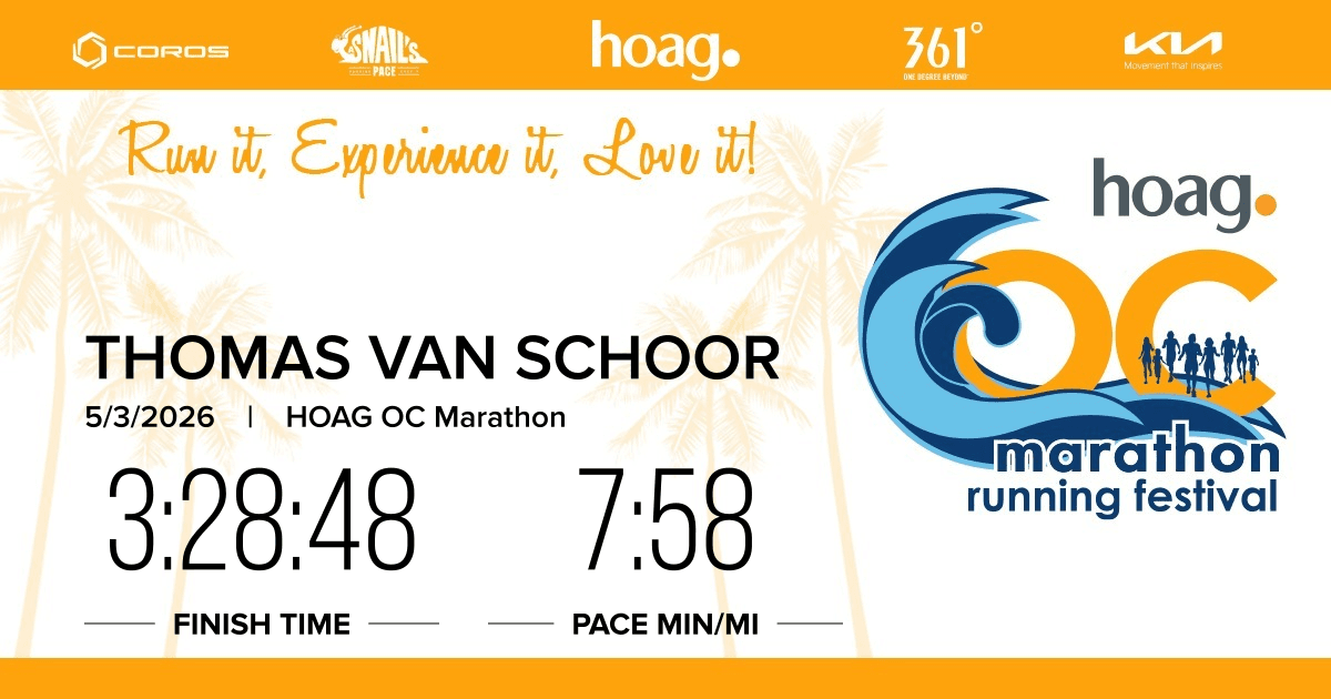 Official OC Marathon result showing a 3:28:48 finish time and 7:58 per mile pace.